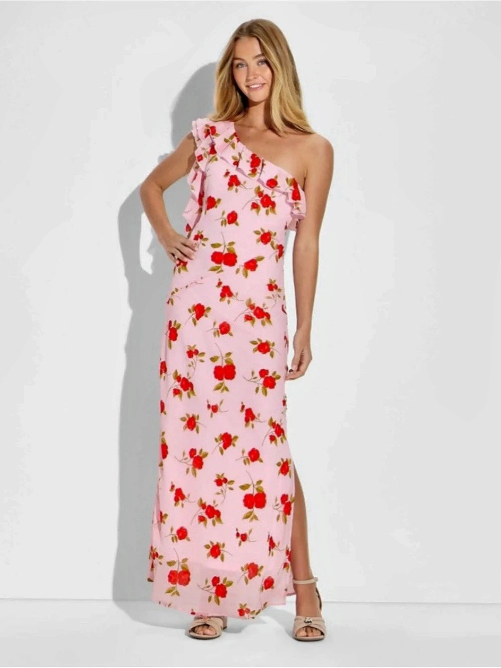 Wild Fable Ruffle One-Shoulder Chiffon Maxi Dress in Pink Floral